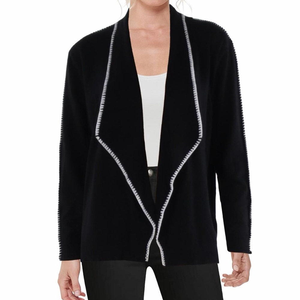 Aaeda Black Open Front cardigan Sweater white stitching 2 for $20